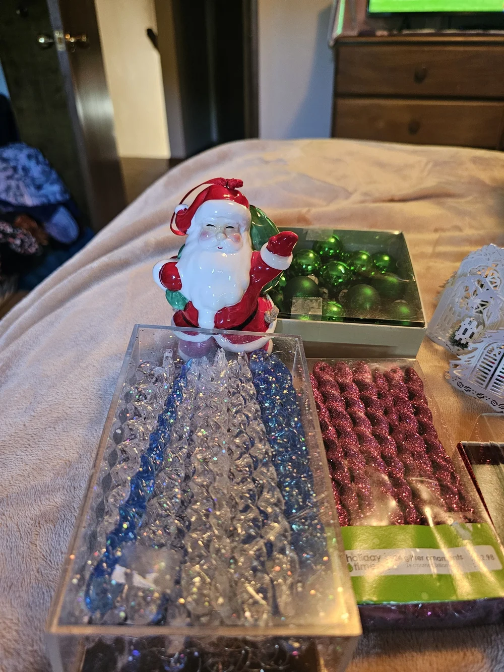 Holiday Santa Figurine and Assorted Green & Pink Ornaments